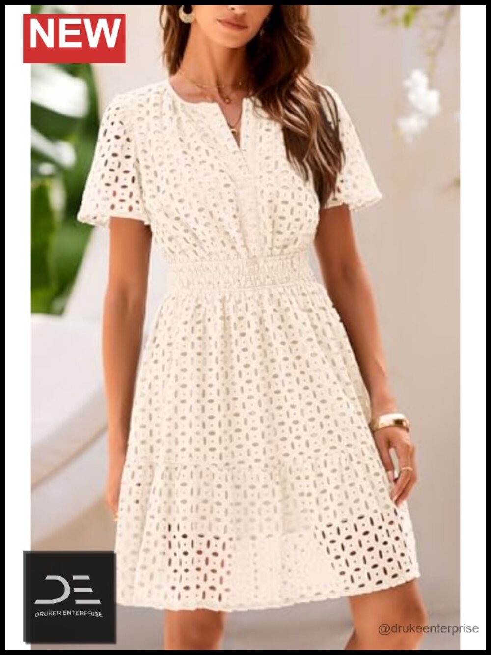 V Neck Short Sleeve A Line Hollow Out Lace Cute Casual Beach Dress - Picture 3 of 6